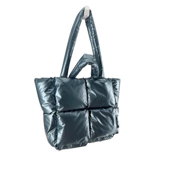 Unbranded Women's Blue Shiny Hobo Puffer Tote Shoulder Bag 10in X 14in - Picture 2 of 7